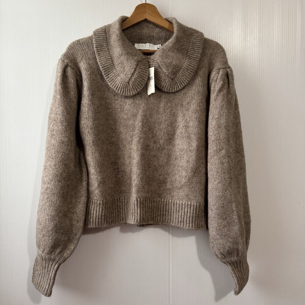 NEW ASTR THE LABEL M Sweater ANTHROPOLOGIE Taupe Peter Pan Collar Puff Sleeves